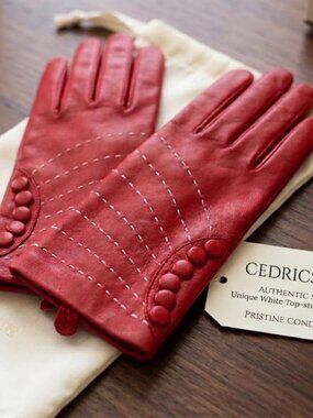 Vintage Cedrics NEW red Genuine leather Stitch button detail lined Gloves, M